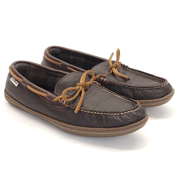 LL Bean Other - LL Bean Mens Double Sole Slippers 10M Brown Leather Flannel Moccasins Loafers